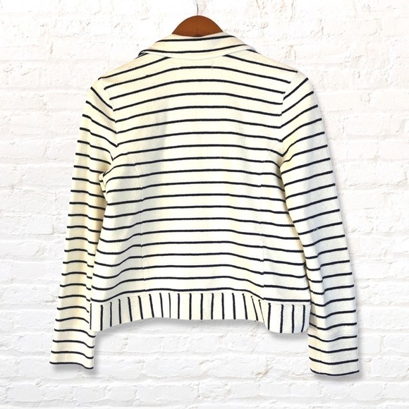 Loft Ann Taylor Snap Button Blazer Jacket Size Medium Striped White Navy Cotton - Picture 2 of 9